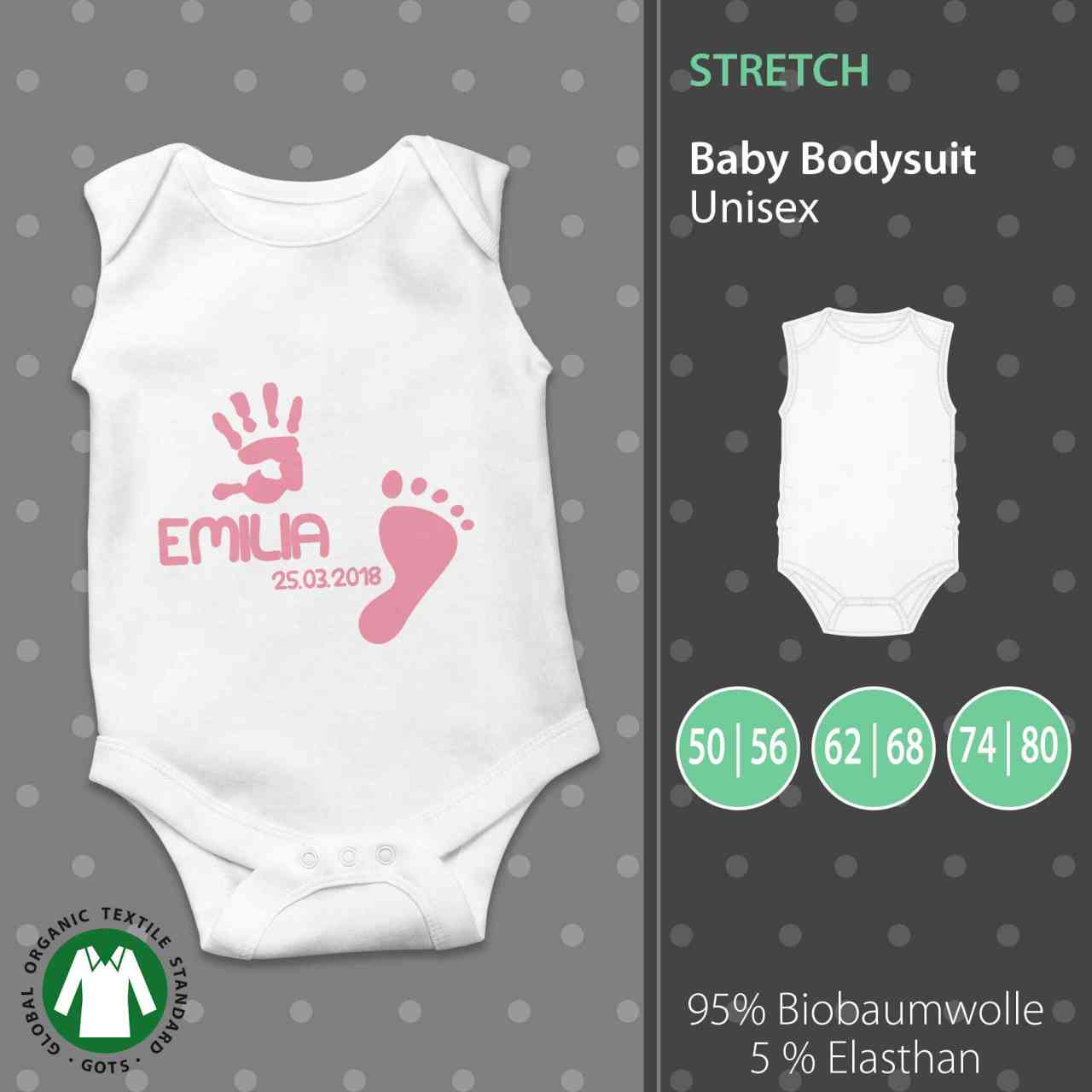 Baby Body Unisex | Fuß - und Handabdruck mit Name und Datum | Wunschtext | individuell | pickNstick 